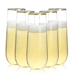 Pack 9 oz Stemless Plastic Champagne Flutes, Clear Disposable 48 Gold Rim