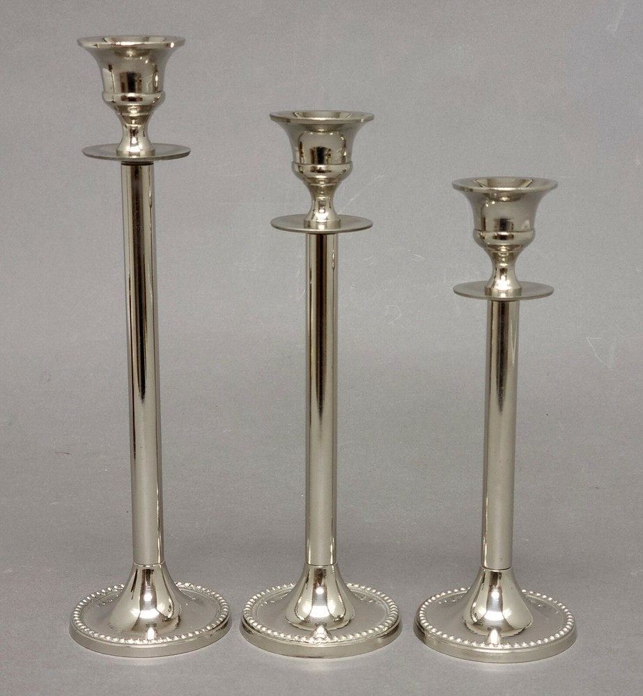 Candle Holder Nickel Plated on Brass Round 2.75″Dia 7″-8″-9″High Set of 3