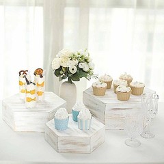 3 Whitewashed Wooden Cake Stand Hexagonal Dessert Display Boxes 13″, White