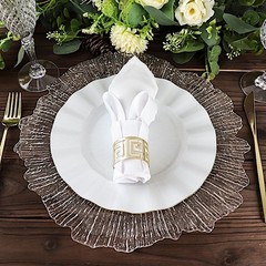 10 WHITE 9″ Round PLASTIC Salad Dinner PLATES Gold Wavy Rim Wedding Party