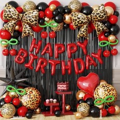 Red Black Cheetah Print Birthday Decorations Balloons Kit, 112Pcs Red Black