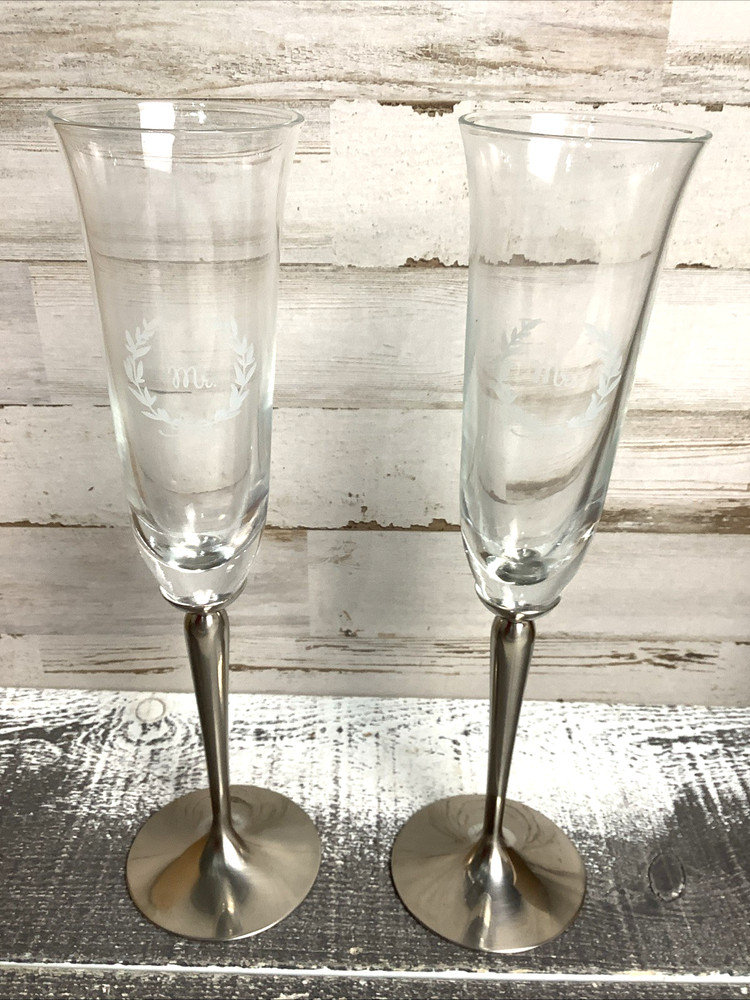 Pottery Barn Etched Mr And Mrs Toasting Fluted Glasses