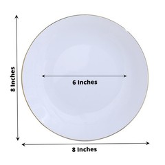 WHITE 10 Glossy 8″ Round Plastic Salad PLATES Gold Rim Party Events Decorations