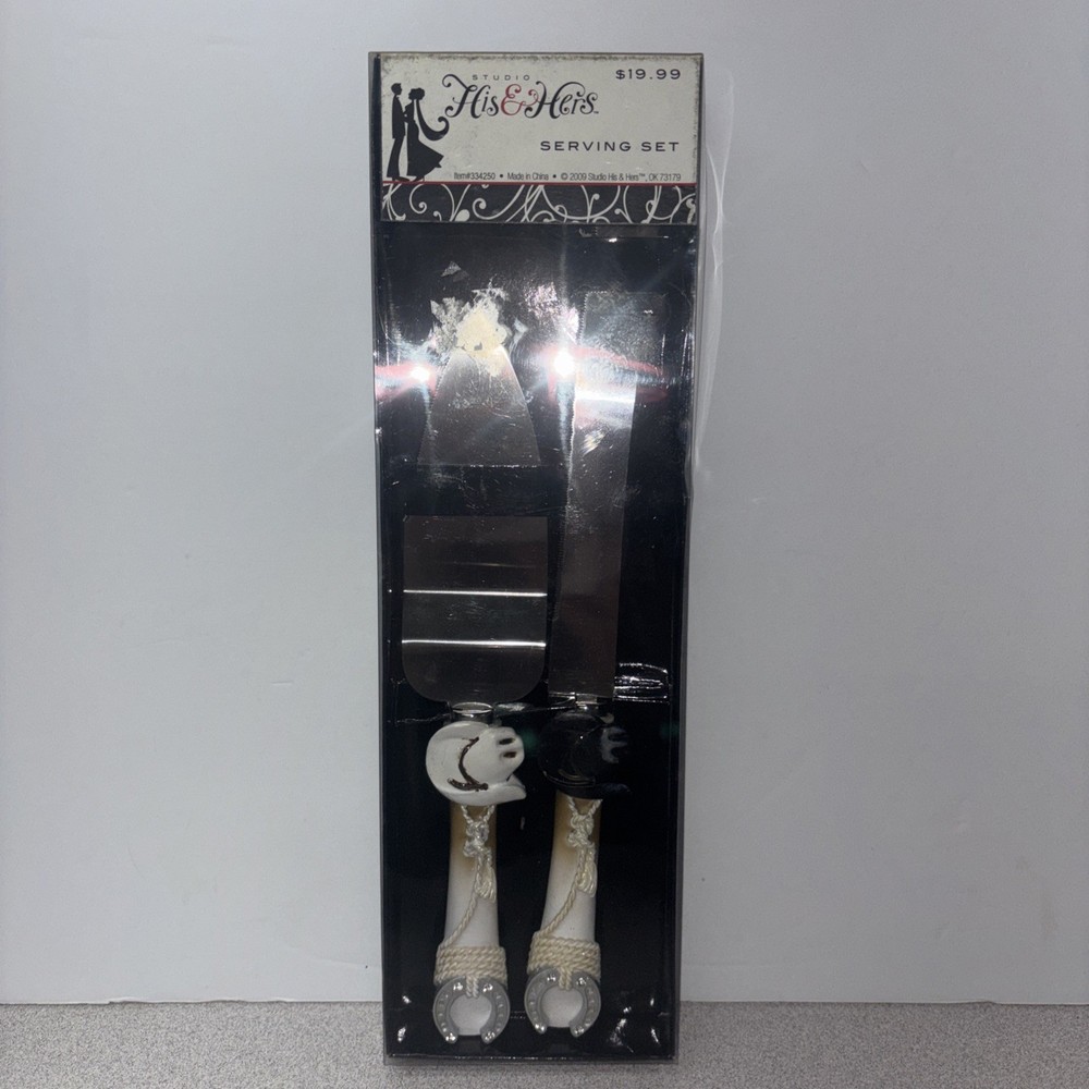 STUDIO His & Hers Western 2pc Wedding Cake Server -Cowboy Hats- Horseshoes NIB
