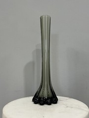 Vtg Smoked Gray White Cased Art Glass Ribbed Funky Unique Tower Vase 12” Tall