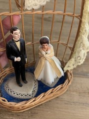 Bride & Groom Vintage Wedding Topper with a Bell and Arch Flowers Lace Tuxedo