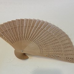 Beige Wood Folding Hand Fan Floral Lace Cutout w/ White Organza Bag Wedding