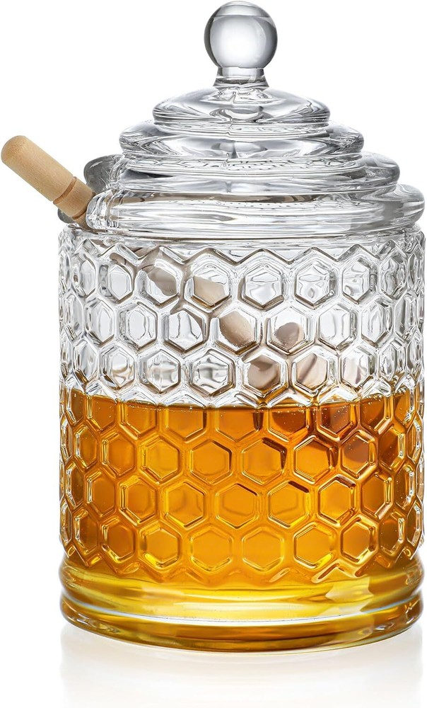 Clear Crystal Honey Pot with Dipper and Lid,Glass Jar Hexagon