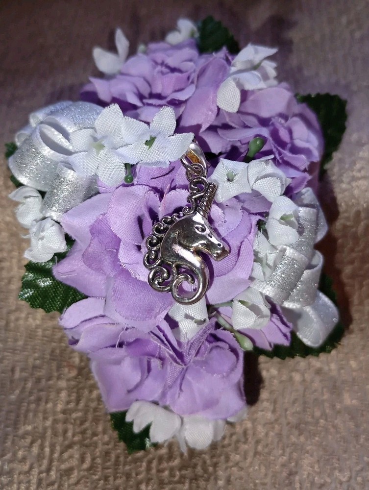 NEW 4″ Long Artificial Lavender Rose Wrist Corsage With Sparkly Silver Bow