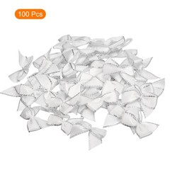 100Pcs Mini Metallic Edge Ribbon Bow 1″ Flower Bows Soft Silver Edge White