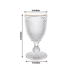 6 pack 8 oz Clear Glass Wine Goblets with Gold Rim and Embossed Diamond Pattern