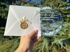 50 pieces; Floral acrylic wedding invitation. Parchment envelope. Wax seal