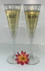 Mr and Mrs Red Heart Toasting Champagne Flutes Minimalist 4 oz. 9.75 inch