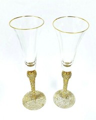 SET OF 2 GOLD RIM,SPARKLING CRYSTALS STEM,BASE CHAMPAGNE,FLUTE GLASS,HAND MADE
