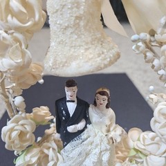 Vintage Wedding Cake Topper: Fabric Flowers, lace, plastic