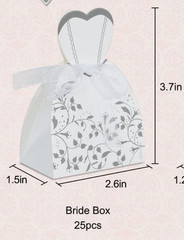 Wedding Favor Boxes Bride Pack of 10, (31 packages available) White/Silver Dress