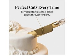 Clear Gold Cake Knife and Server Set, Steel Plated Blades with Acrylic Handles