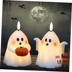 Halloween Ghost Flameless Candles with Timer Real Wax Battery A-2 Ghost Pumpkin