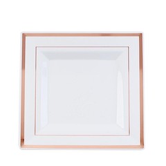 Plastic White 10″ Square Plates Rose Gold Rim Disposable Party Wedding TABLEWARE