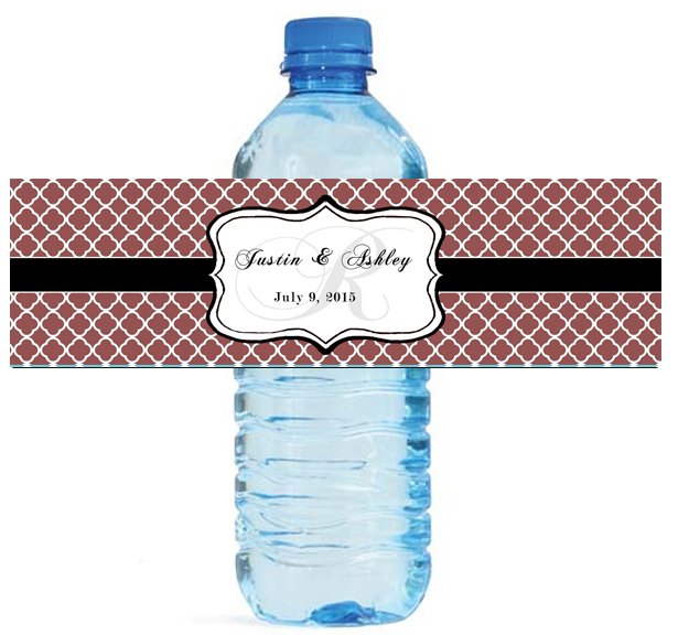 100 Marsala Monogram Pattern Wedding Water Bottle Labels Engagement Bridal 8″x2″