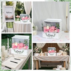 Wooden Wedding Card Box with Flower Trough, White Gift Card Box for Wedding w…