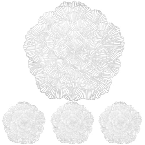 Round Placemats Set of 4 Flower Tablemats Vinyl Metallic Place Mats 4PCS Silver