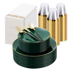 3Pieces Gold Plastic Dinnerware Set, Gold Disposable Plates for Party, 50 Green
