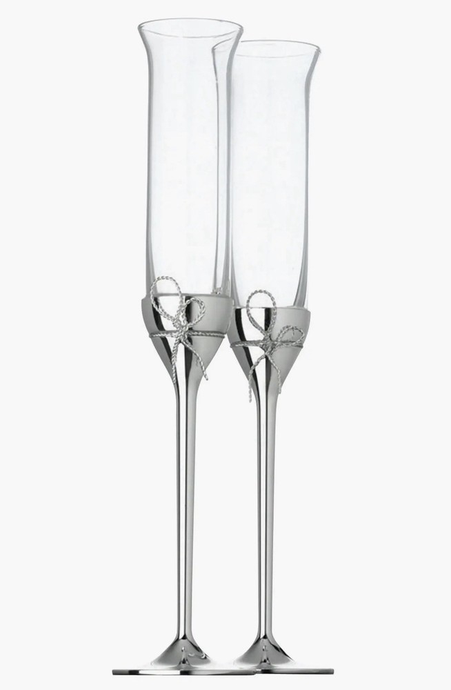 Vera Wang Wedgwood Champagne Flutes Bow Clear/Silver 70ml Set of 2