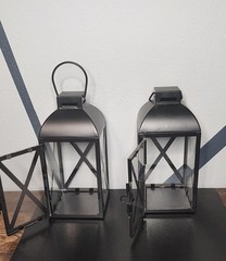 Set of 2 Black Decorative Candle Lanterns Aluminum Metal And Glass With Candles