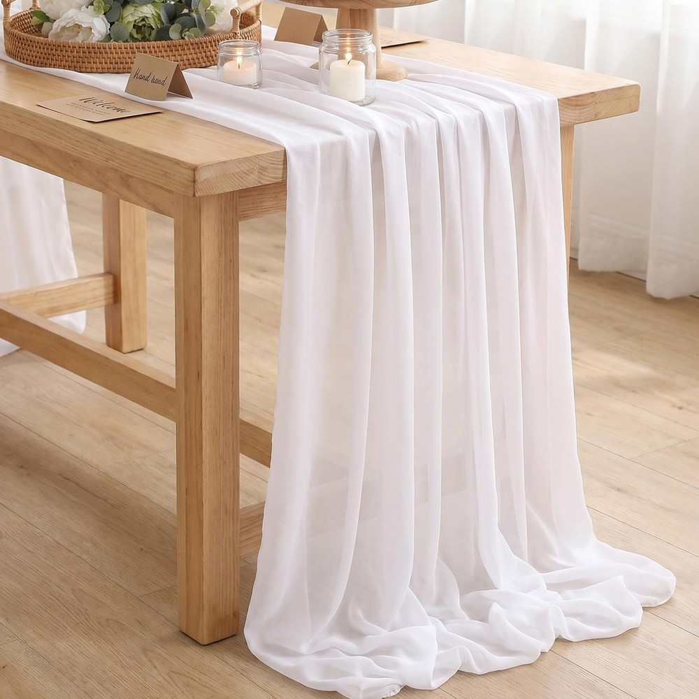 10Ft 1 Piece White Chiffon Table Runner 27×120 Inches Sheer Chiffon Fabric Br…