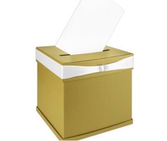 Gold Wedding Card Box with Slot And White Satin Ribbon by Andaz Press