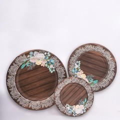 25 BROWN 8″ Wood Print Paper Dessert PLATES Floral Lace Rim Party Decorations