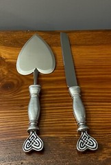 Fellowship Foundry Celtic Knots Hearts Pewter Glasses & Cake Server Wedding Set