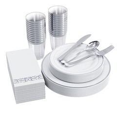 175 Count Silver Dinnerware Set for 25 Guests – Silver Silver Rim Dinnerware