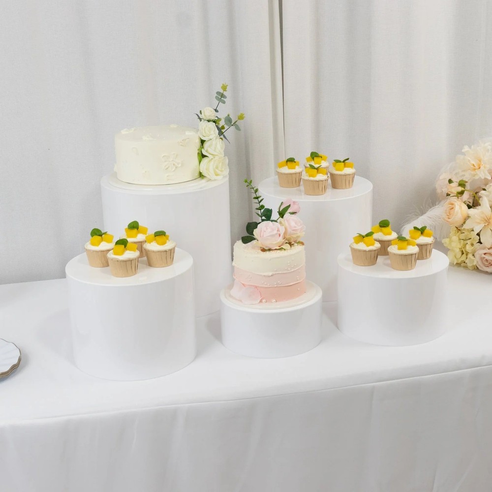 5 WHITE Acrylic CAKE STAND DISPLAY BOXES Pedestal Riser Wedding Centerpieces