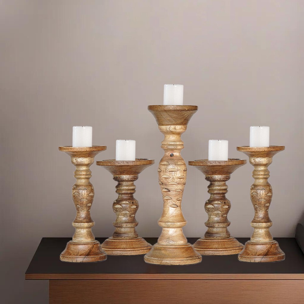 Eco-Friendly Handmade Wallnut Mango Wood Set Of Five Pillar Candle Holder