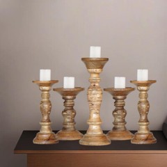 Eco-Friendly Handmade Wallnut Mango Wood Set Of Five Pillar Candle Holder