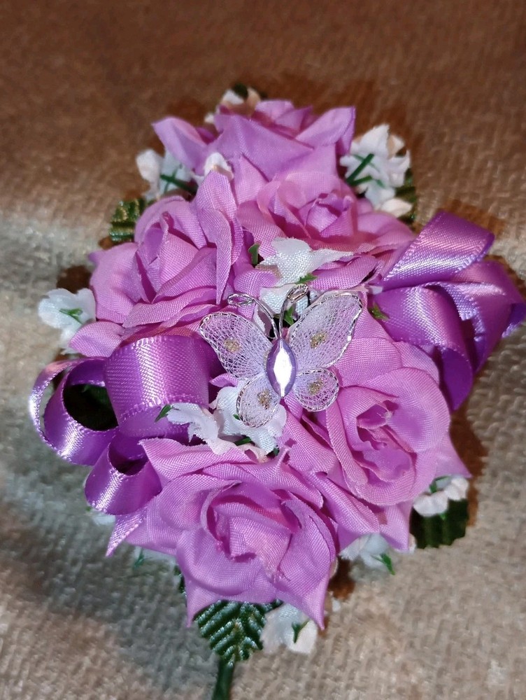 NEW 5″ Artificial Fucsia/Purple Rose Wrist Corsage Tulle Butterfly Prom/Wedding