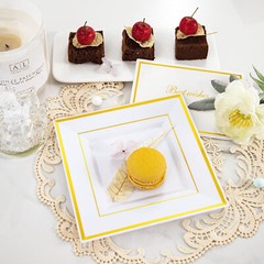 25 pcs Plastic WHITE with Gold Rim 6″ PLATES Disposable Party Wedding SQUARE