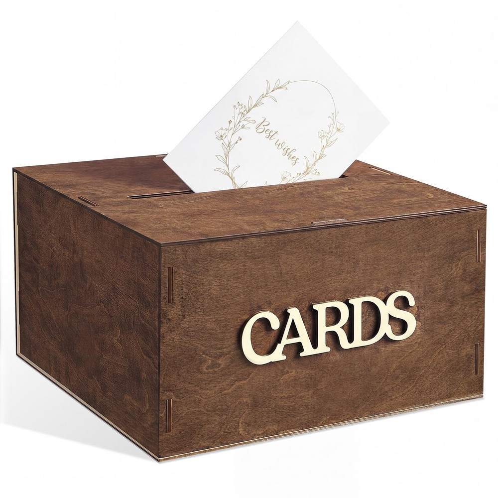 Wooden Wedding Card Box Slot Reception Birthday Bridal Graduation Rustic Brown