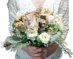 Bridal Wedding Bouquet Hand made Budget Friendly Faux Flowers White Pink Green