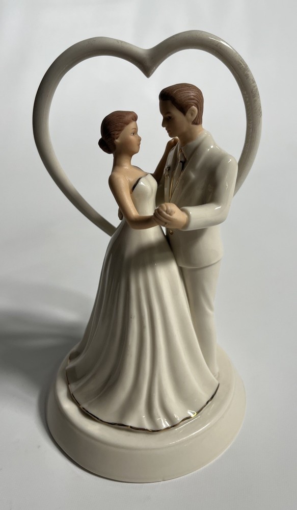 Lenox Porcelain Gold Trim Heart Wedding Bride & Groom Brunette Cake Topper