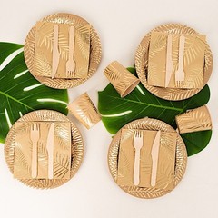 72 NATURAL Disposable Paper TABLEWARE SET GOLD Palm Leaves Print Party Events