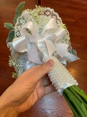 Beautiful Wedding Bouquet White Peony Sage Silk Flowers Pearls Lace Ribbons