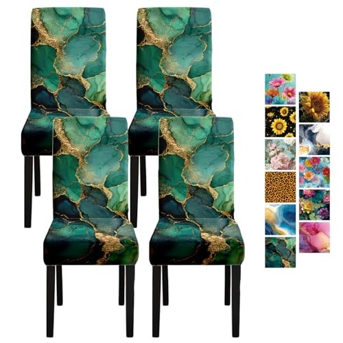 Marble Chair Covers Set of – Green Gold Abstract Pattern Stretch Dining 4 25