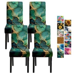 Marble Chair Covers Set of – Green Gold Abstract Pattern Stretch Dining 4 25