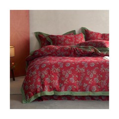 MKXI Red Floral Queen Duvet Cover Set Cotton Guaze Textured Shabby Chic Flowe…
