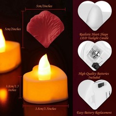 Artificial Rose Petals with 24 Pcs Flameless Heart Shaped LED Tealights Candles
