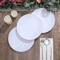 WHITE 10 Glossy 8″ Round Plastic Salad PLATES Gold Rim Party Events Decorations