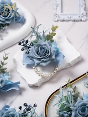 Dusty Blue Rose Wrist Corsage for Women, Set of 6, Wedding Bridal Corsage Han…